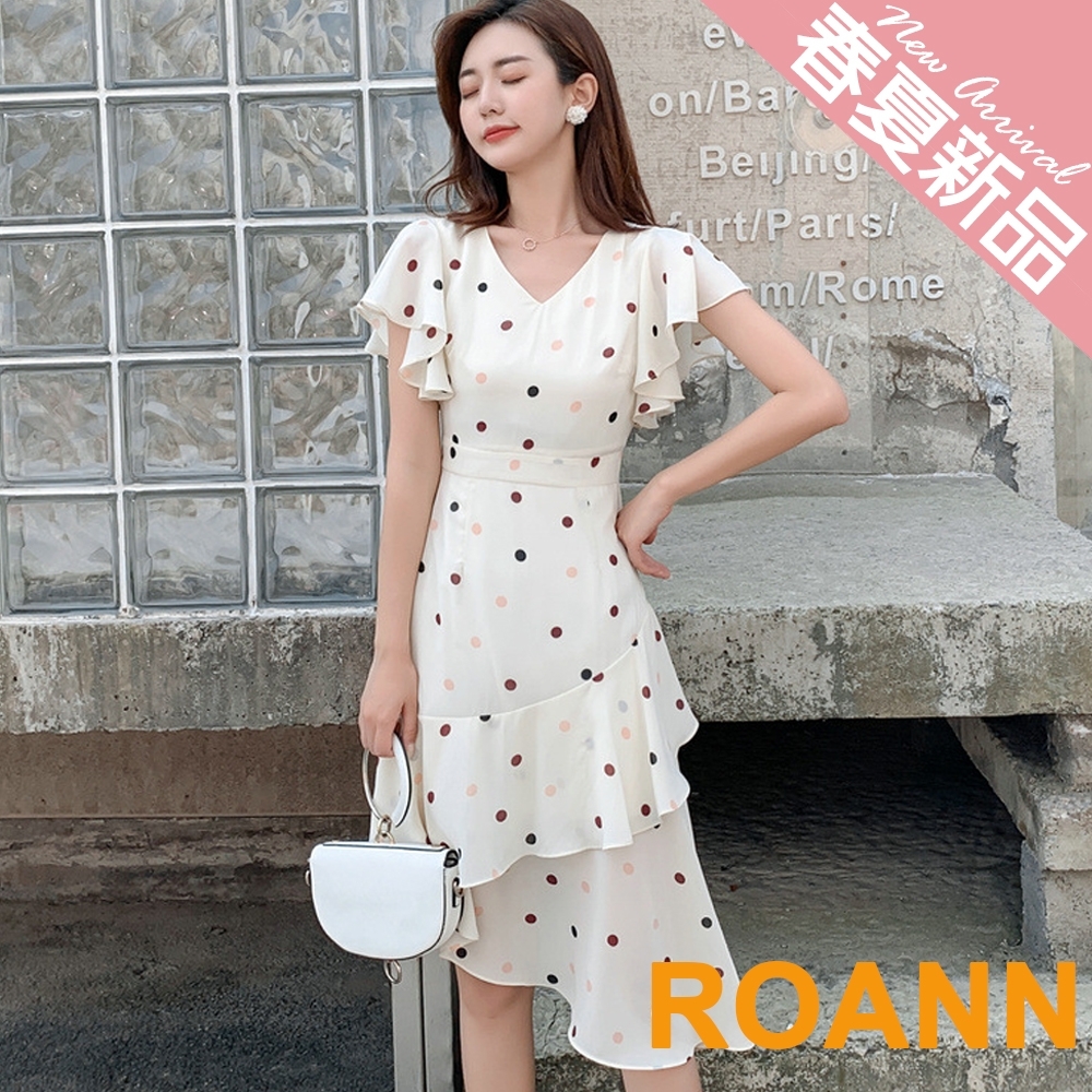 V領點點不規則下擺中長款洋裝 (白色)-ROANN