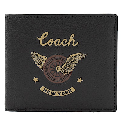 COACH 燙印LOGO圖案牛皮對開短夾(8卡/黑)