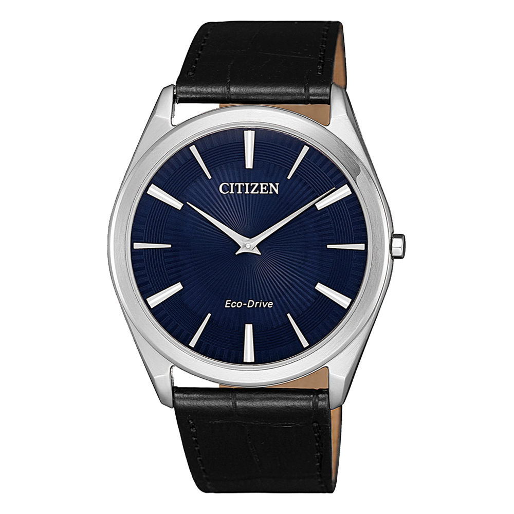 CITIZEN 光動能魅力四射時尚皮革腕錶-黑X藍(AR3070-04L)/37mm