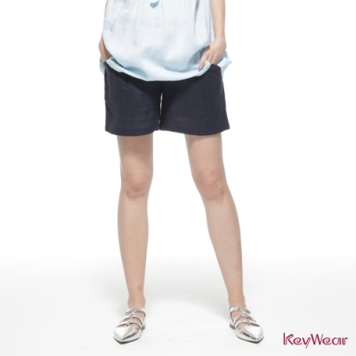 KeyWear奇威名品    100%苧麻立體小活褶短褲-深藍色