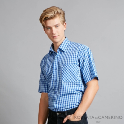 ROBERTA諾貝達 進口素材 台灣製 純棉陽光型男 經典格紋短袖襯衫 藍色