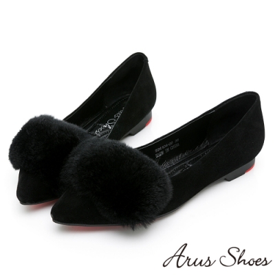 Arus-真皮絨毛奢華貴婦風秋冬尖頭平底包鞋-黑色