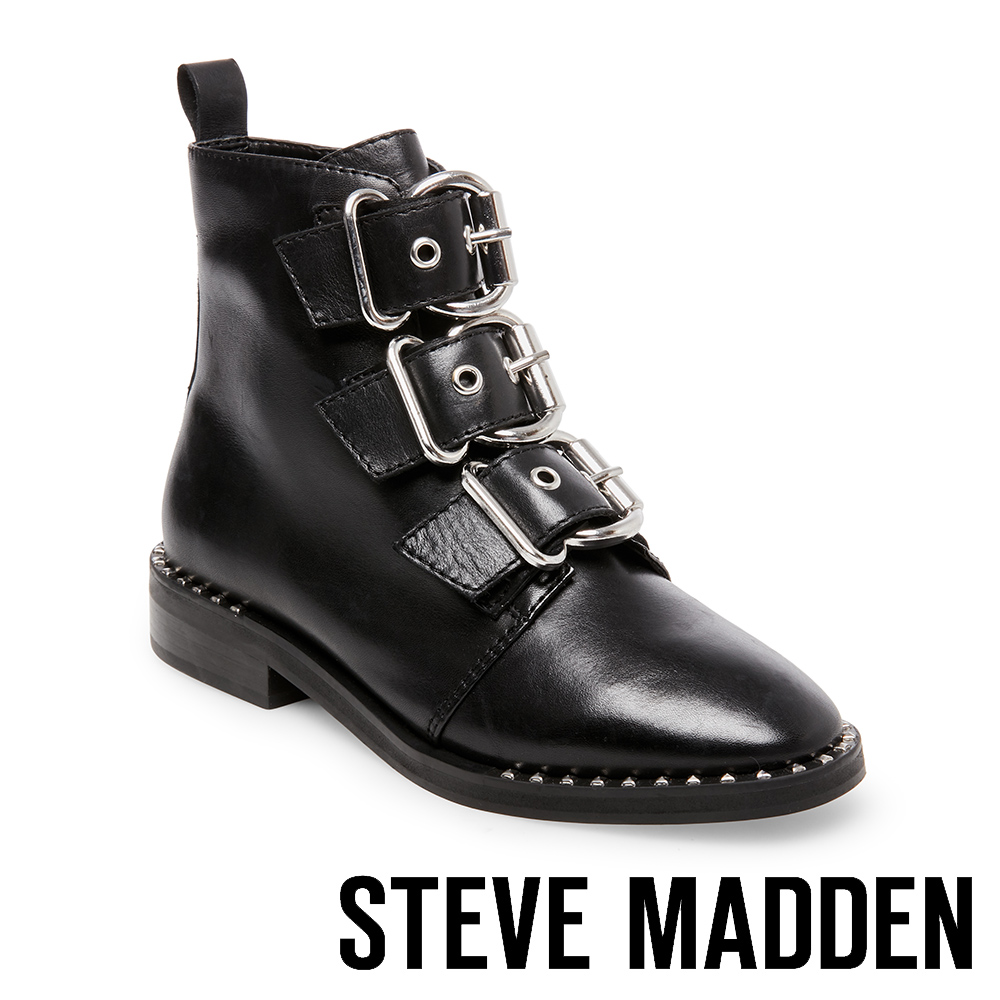 STEVE MADDEN-RECHARGE Punk風潮真皮大扣飾帶中靴-黑色