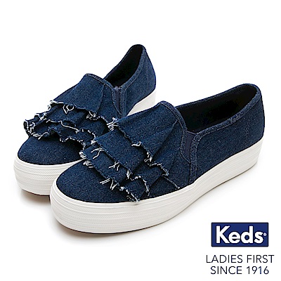 Keds TRIPLE RUFFLE 丹寧荷葉休閒便鞋-牛仔藍