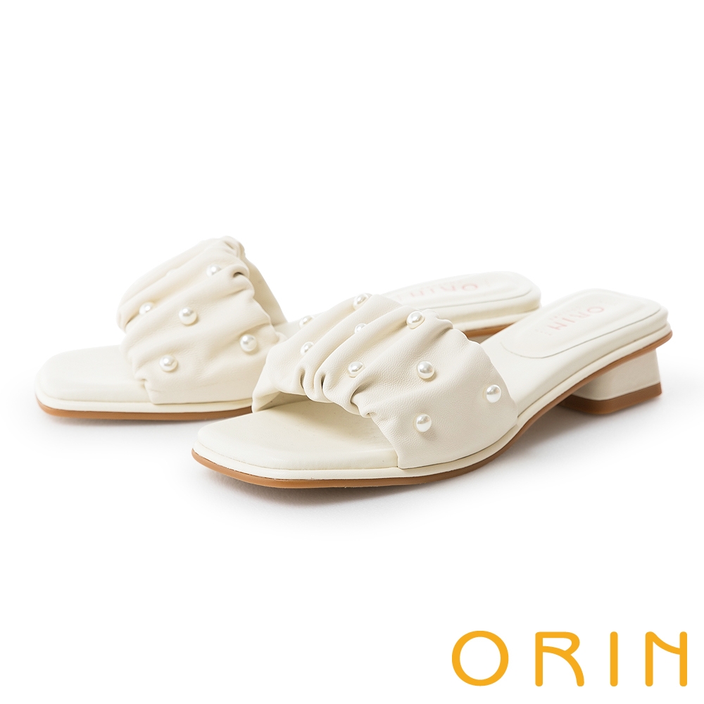 ORIN 抓皺珍珠牛皮低跟拖鞋 白色 product image 1