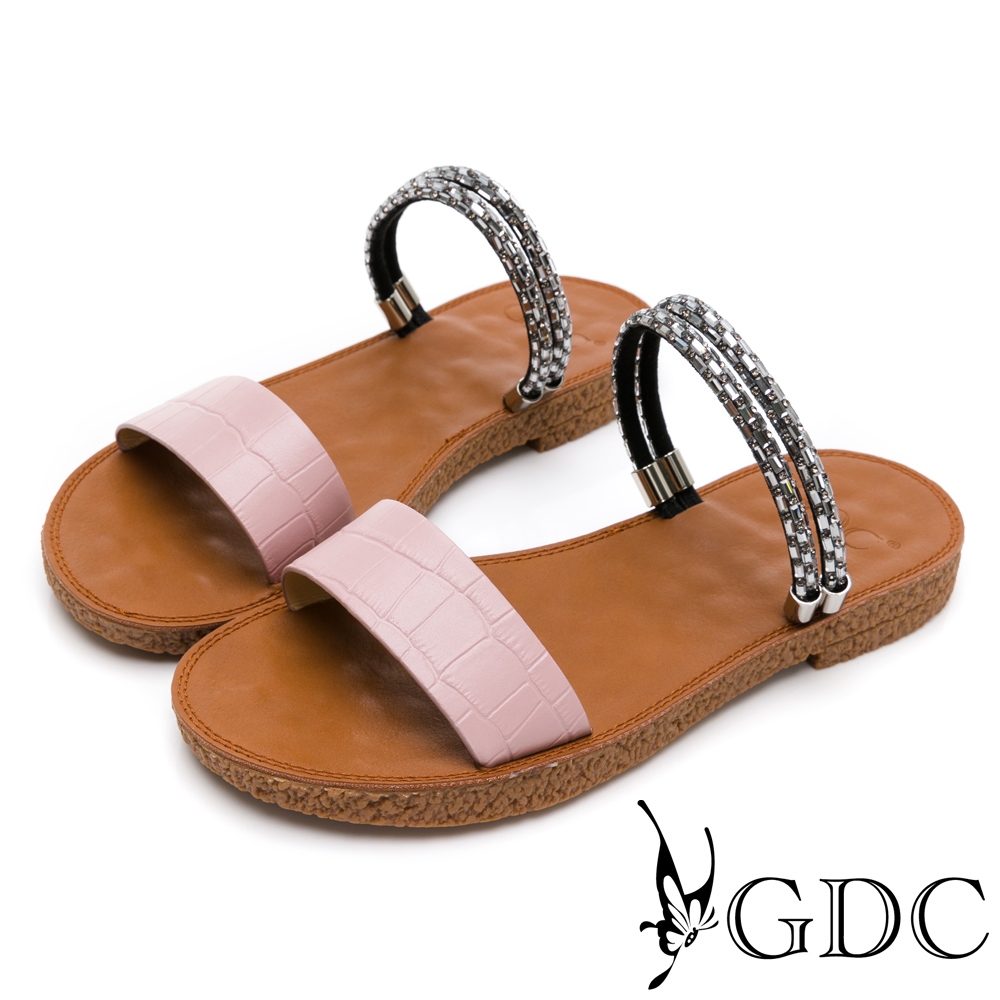 GDC-氣質水鑽石紋設計兩穿式軟Q平底拖鞋-粉色