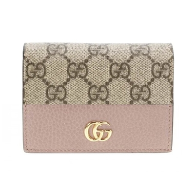 【GUCCI 古馳】658610 經典金屬雙G LOGO牛皮拚帆布暗釦萬用信用卡夾/短夾 (粉色)