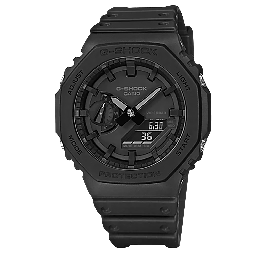 G-SHOCK CASIO 卡西歐 / 八角型 雙顯 防水200米 橡膠手錶-黑色/45mm