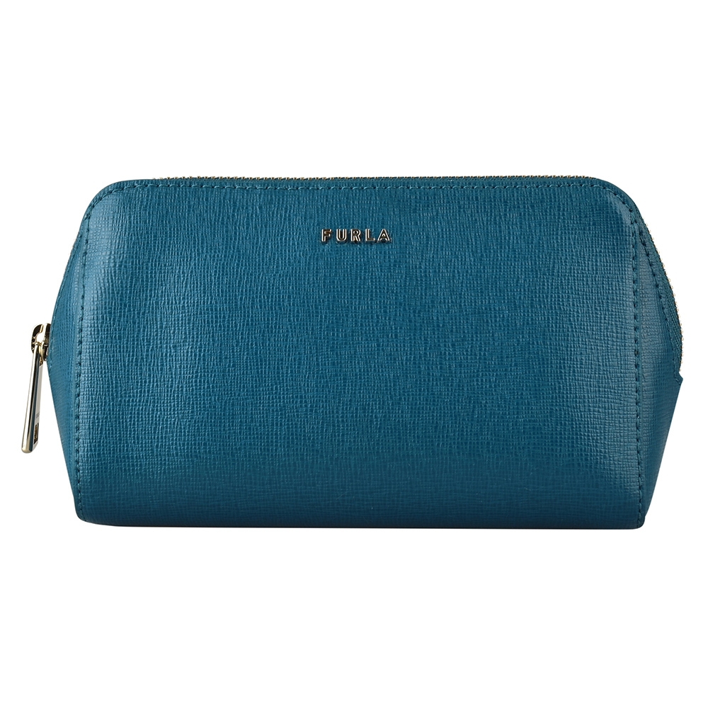 FURLA ELECTRA金字字母LOGO防刮牛皮拉鍊化妝包(孔雀藍)