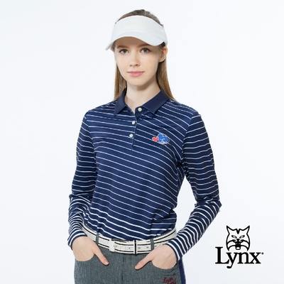 【Lynx Golf】女款合身版吸排抗UV內刷毛斜條紋後背愛心印花長袖POLO衫-深藍色