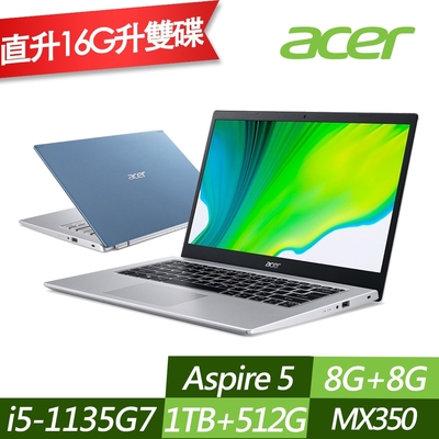ACER 宏碁 A514-54G-580X 14吋效能筆電 i5-1135G7/MX350 2G獨顯/8G+8G/1TB+512G PCIe SSD/Win10/特仕版