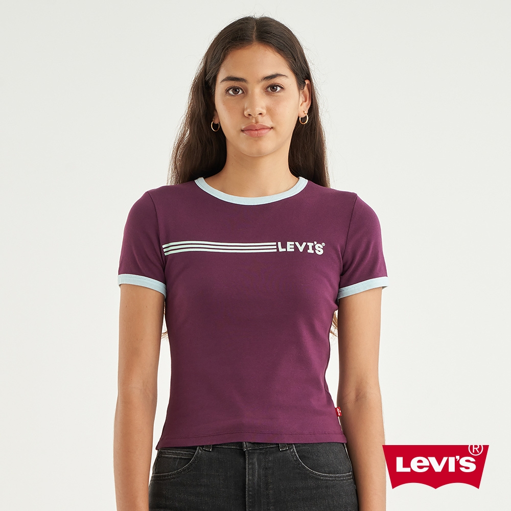 Levis 女款 復古滾邊短版T恤 / 修身版型 / 運動Logo 紫