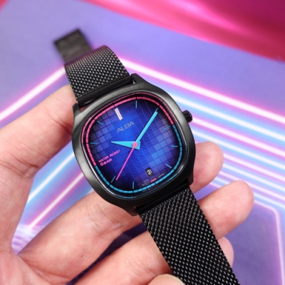 ALBA 東京霓虹 方型跳色潮流 日期 米蘭編織不鏽鋼手錶-鍍黑/34mm