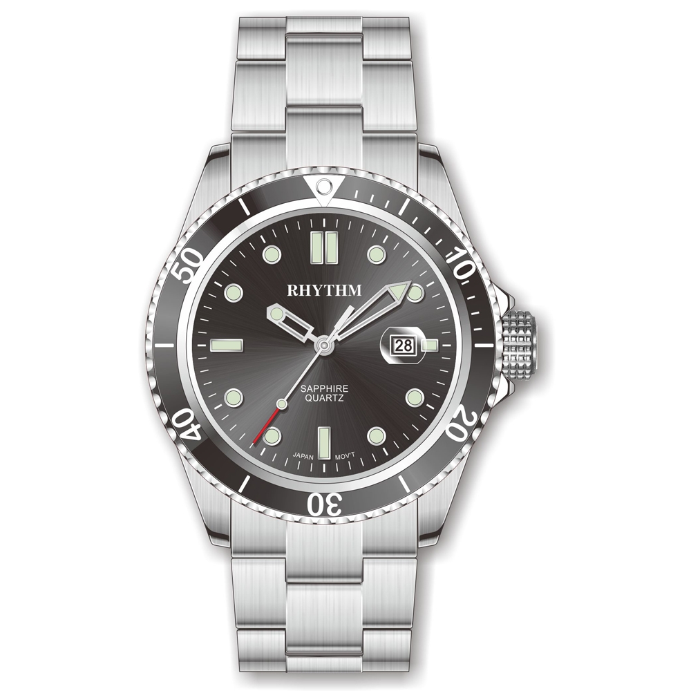 RHYTHM日本麗聲 防水100米分鐘印紋日期顯示石英腕錶-黑/52mm