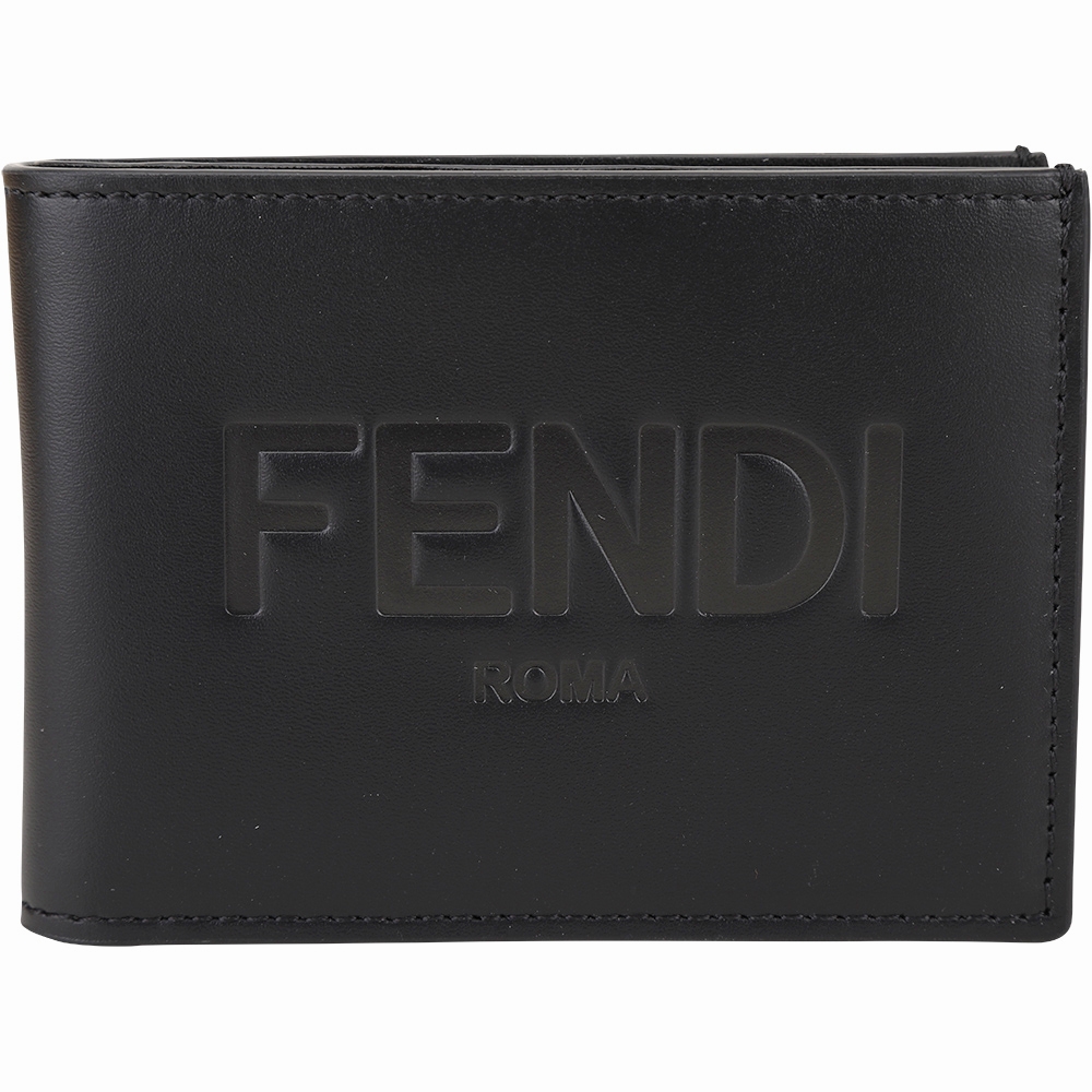 FENDI Roma 字母烙印小牛皮證件夾層對折短夾(黑色)