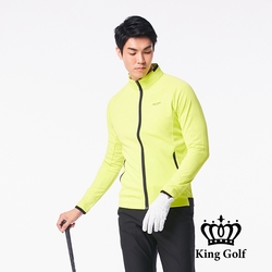 【KING GOLF】男款LOGO印圖防風防水拉鍊撞色中厚款長袖夾克外套-黃綠色