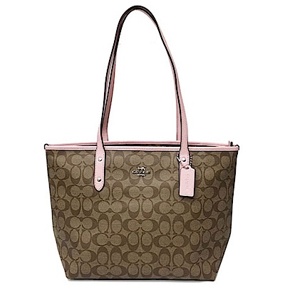 COACH 經典C LOGO防刮PVC皮革肩背大托特包(薔薇粉)