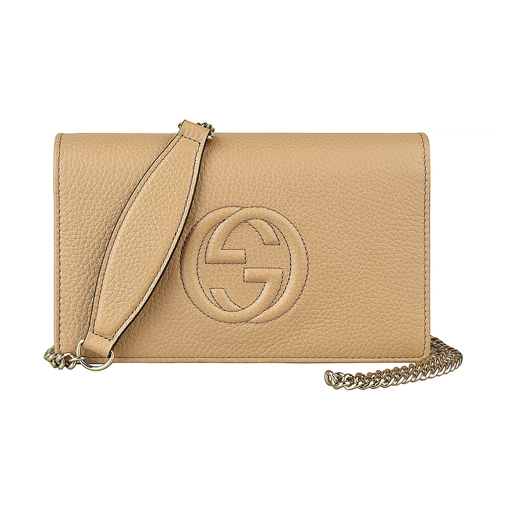 GUCCI SOHO雙G LOGO牛皮6卡釦式斜背包(駝)