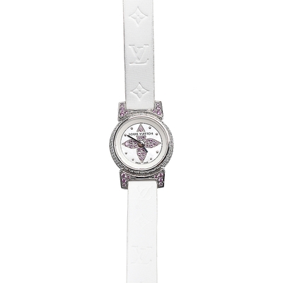LV Q151A經典Monogram花卉牛皮水鑽鑲飾女仕腕錶(白_展示品)