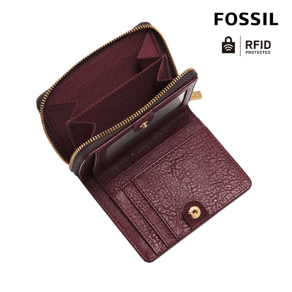 FOSSIL Logan 迷你多功能真皮RFID防盜短夾-紅木色SL7923243 | 中夾/短