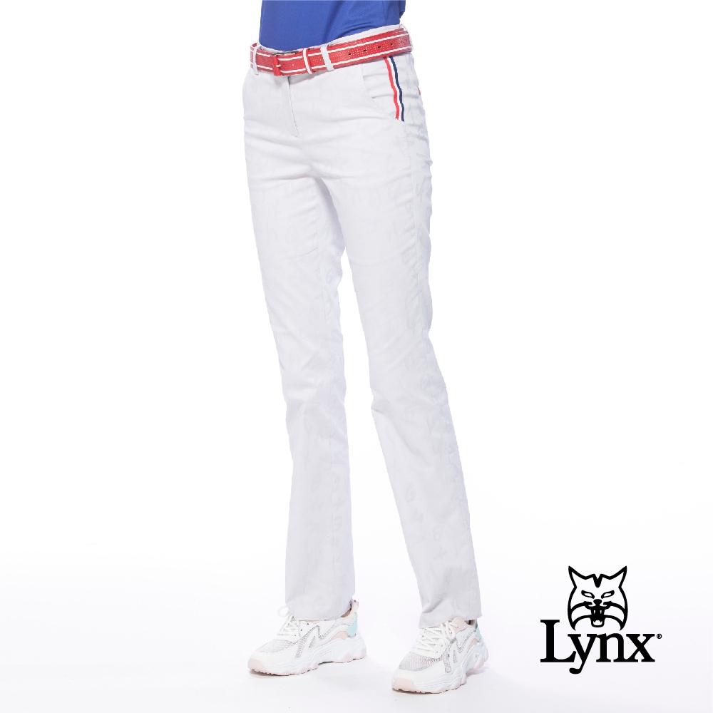 【Lynx Golf】女款彈性舒適緹織布料三色織帶設計Lynx字樣鐵牌窄管長褲-淺灰色