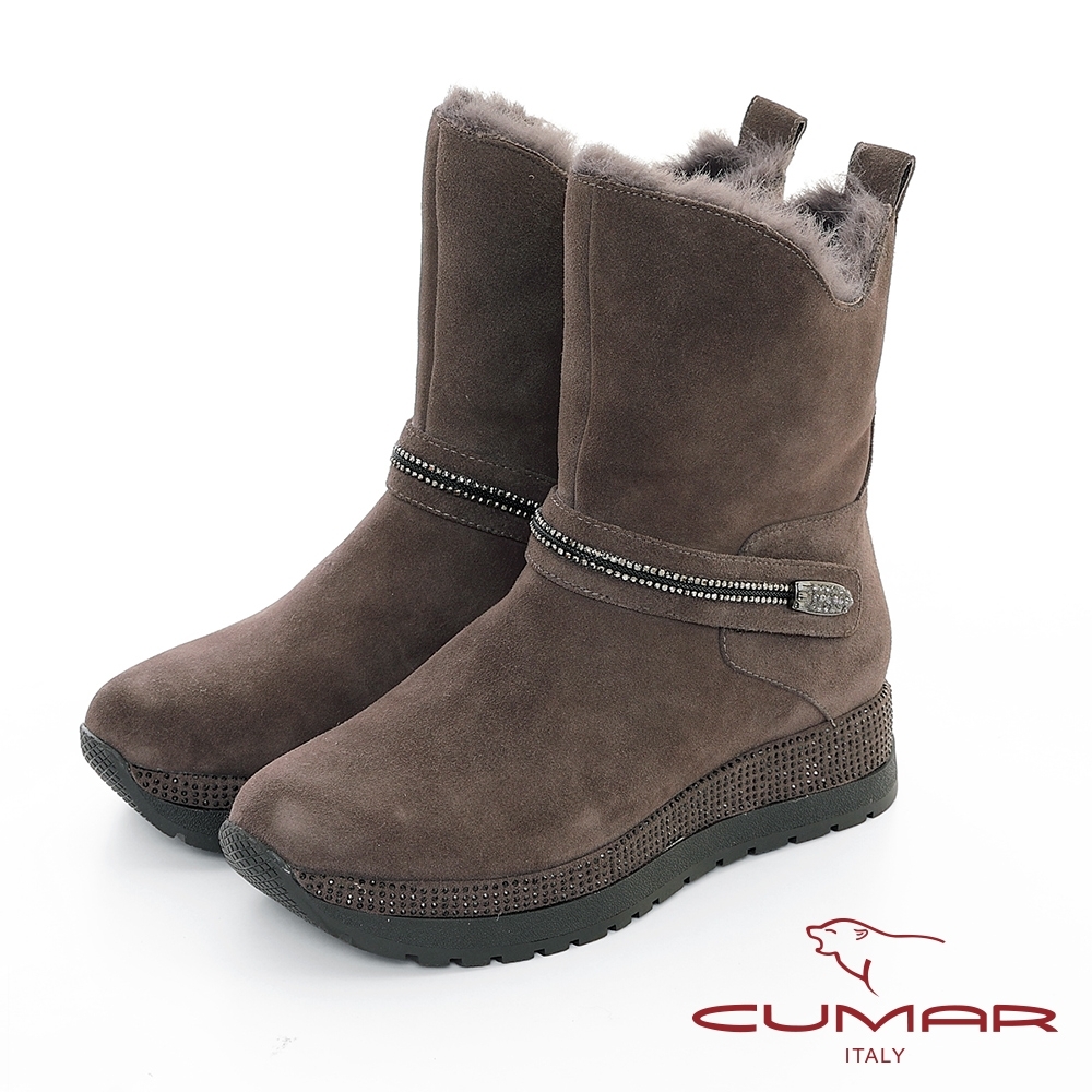 【CUMAR】中性之美 - 羊絨排鑽高質感厚底短筒雪靴-芋