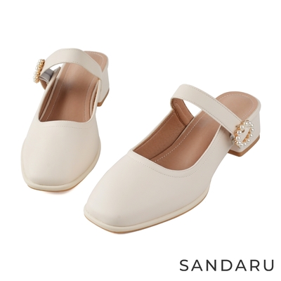 山打努SANDARU-穆勒鞋 珍珠釦飾真皮瑪莉珍跟鞋-杏