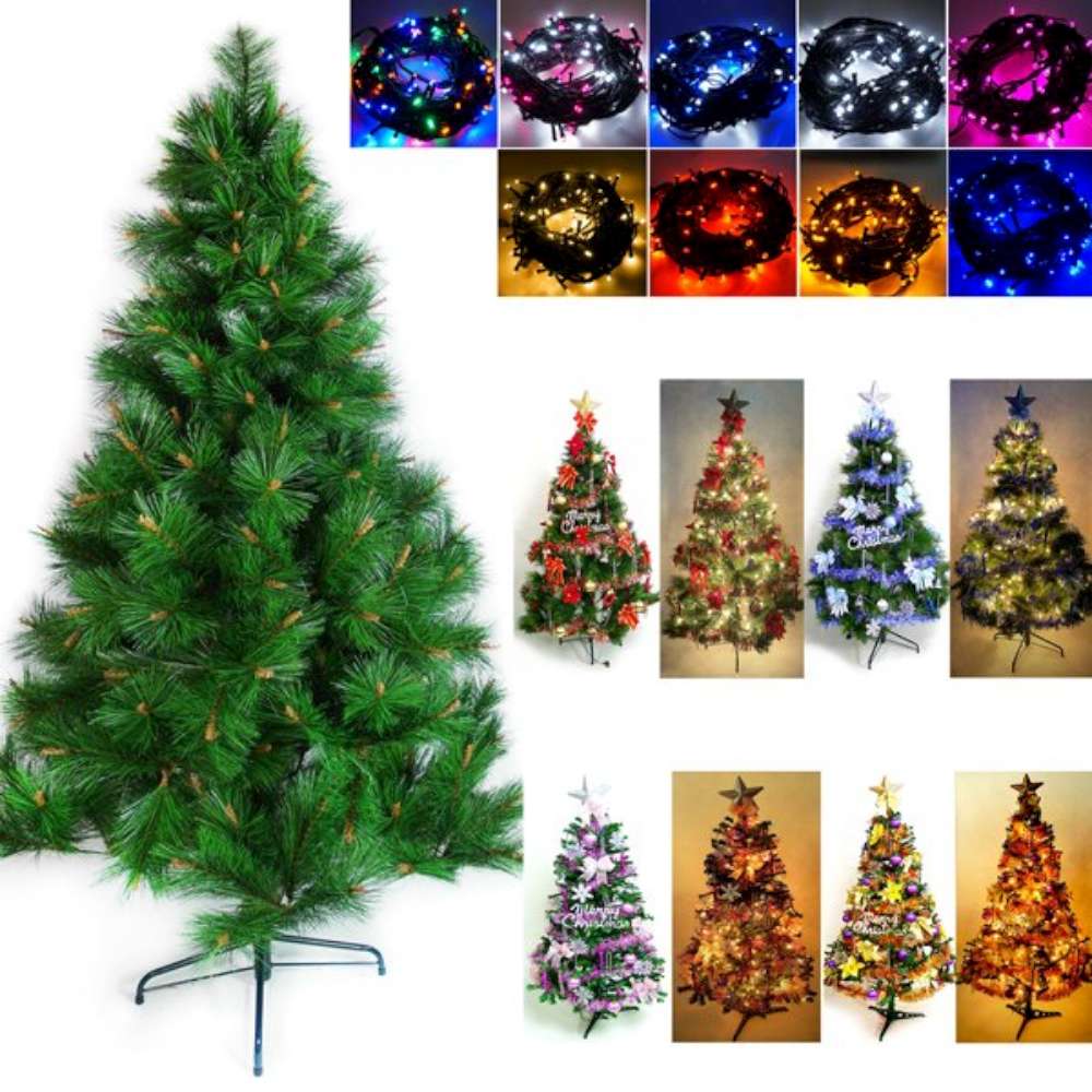 摩達客 5尺特級綠松針葉聖誕樹(飾品組)+100燈LED燈串2串