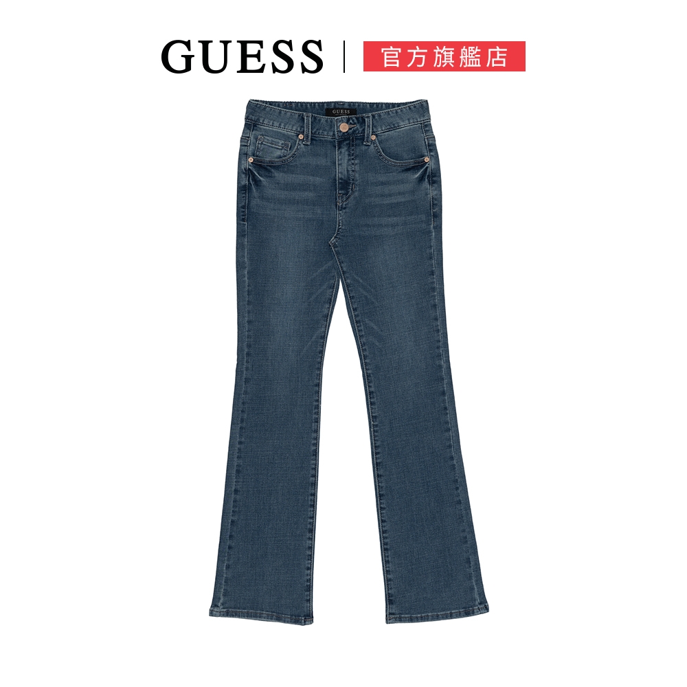 【GUESS】水洗刷色牛仔寬褲-藍