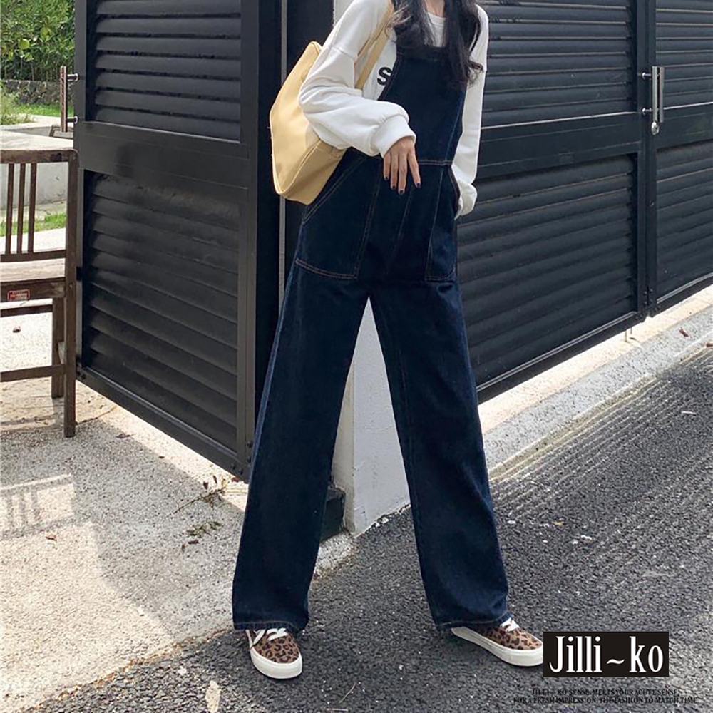 JILLI-KO 韓版復古水洗牛仔大口袋背帶連身褲- 深藍