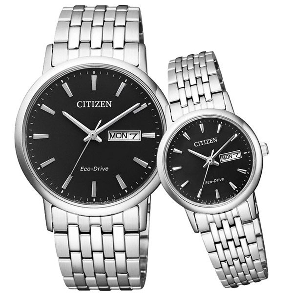 CITIZEN Eco-Drive 沉穩簡約星日期對錶-鋼帶黑面-37+27mm