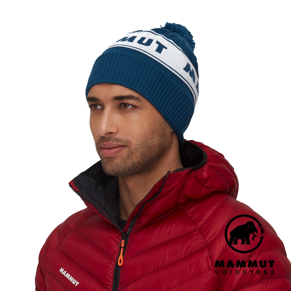 Mammut 長毛象】Peaks Beanie 保暖針織LOGO毛球羊毛帽深冰藍/白#1191