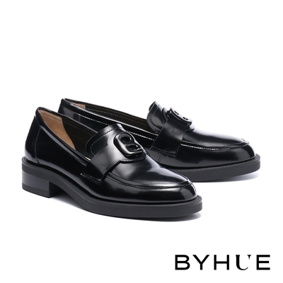 厚底鞋 BYHUE 簡約質感B字大釦全真皮軟芯樂福厚底鞋－黑