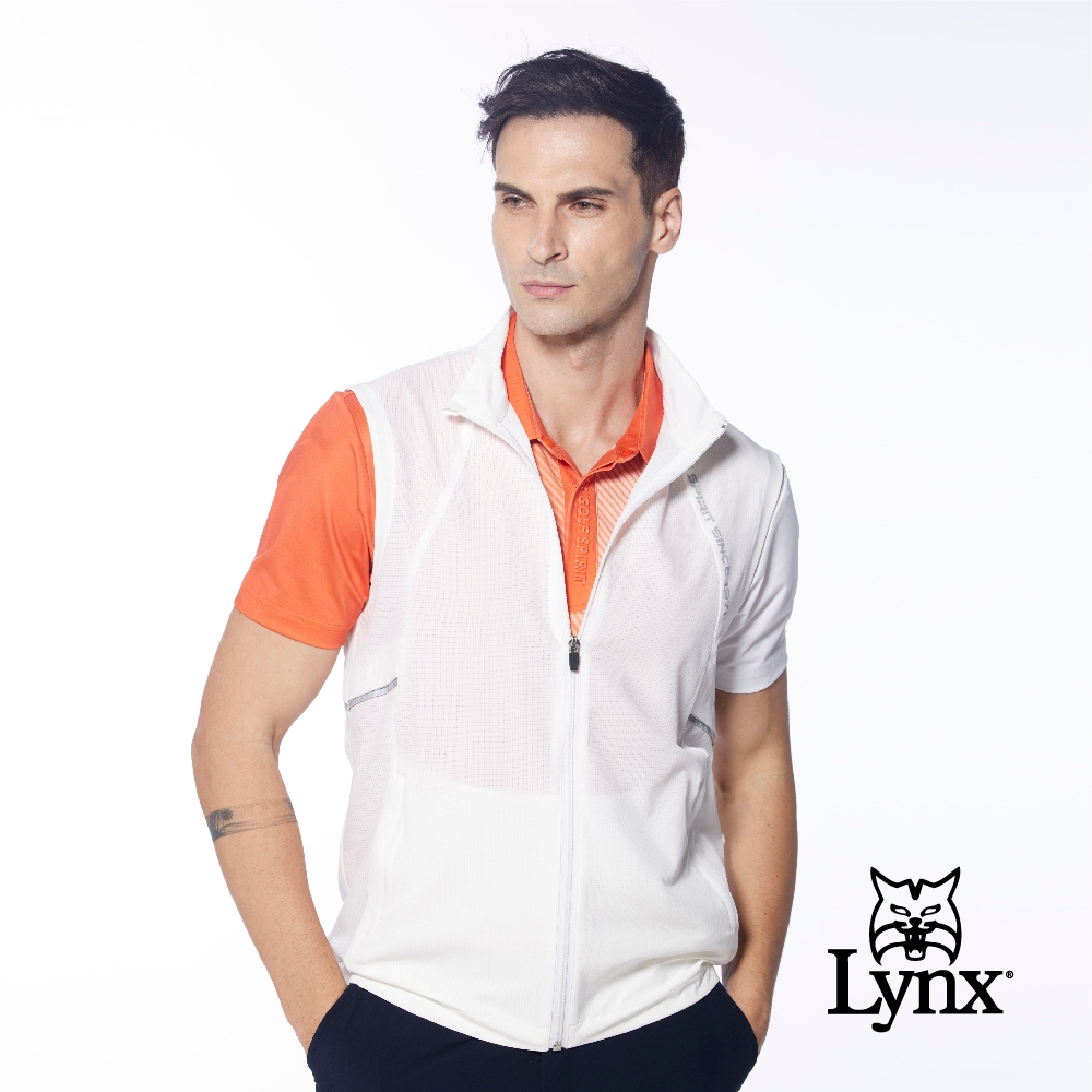【Lynx Golf】男款吸排透氣易溶紗3M反光印花網布剪接拉鍊口袋無袖背心-白色