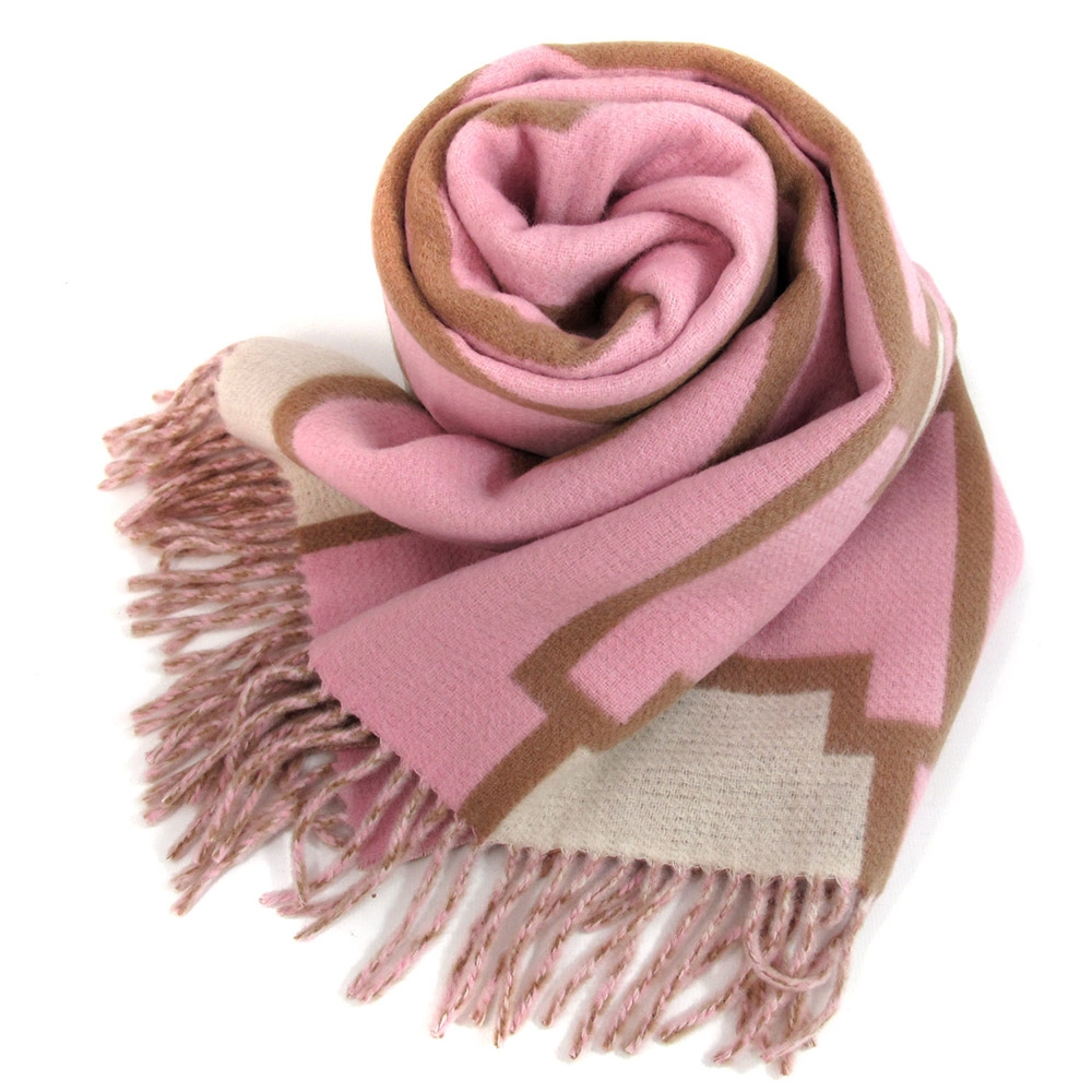 COACH 大字LOGO暖褐粉色雙面羊毛流蘇圍巾(183cm x 49cm)