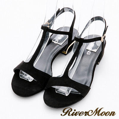 River&Moon涼鞋-摩登細絨T字線條粗方跟涼鞋-黑