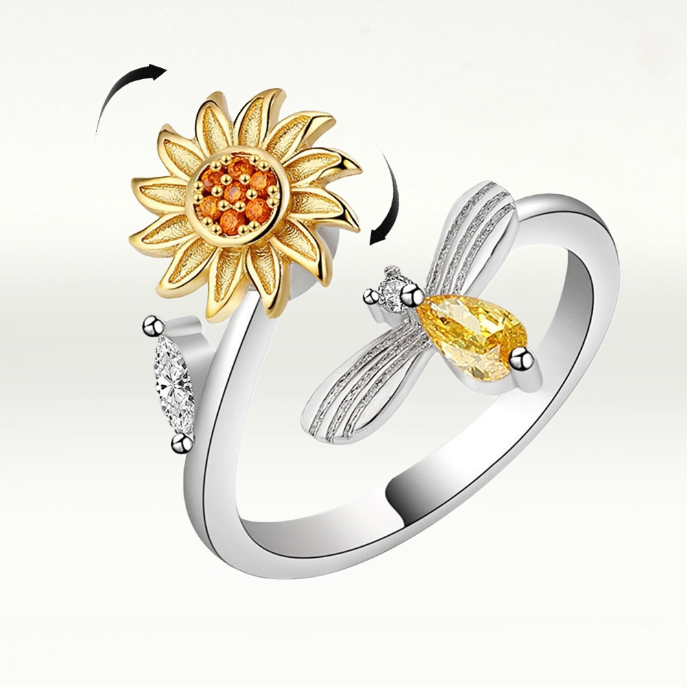 I.Dear-正白K-蜜蜂與花-韓國網紅款花朵旋轉紓壓鑲鑽開口銀戒指