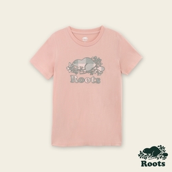 Roots女裝-經典小木屋系列 格紋海狸LOGO短袖T恤-粉橘色