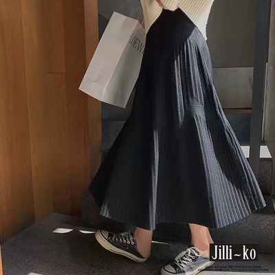 JILLI-KO 中長款針織高腰顯瘦垂感大擺百褶A字傘裙- 黑色