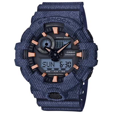 G-SHOCK創新突破丹寧系列布料元素設計休閒錶(GA-700DE-2)深藍色53.4mm