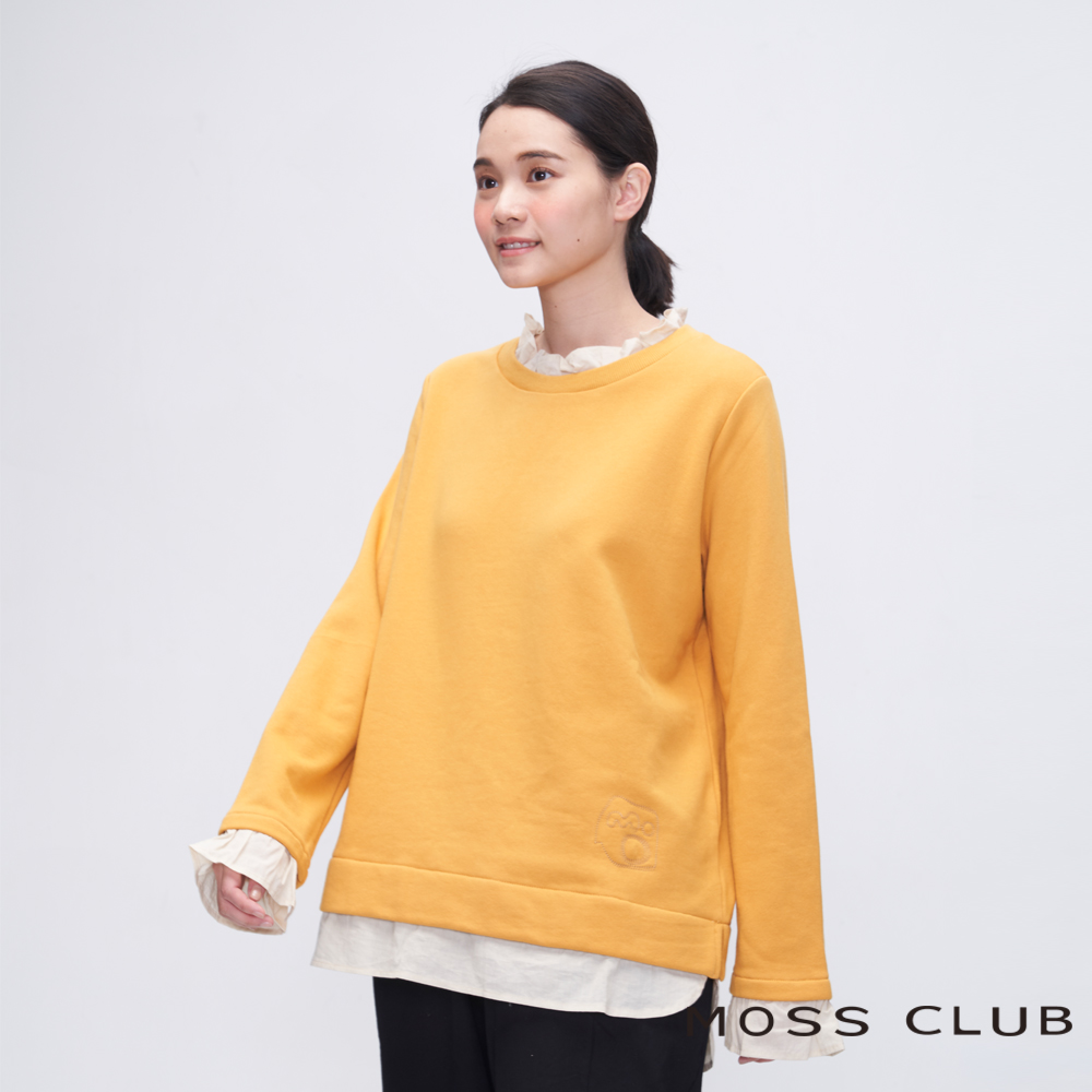 【MOSS CLUB】 假兩件式小花瓣領前短後長上衣(黃色)