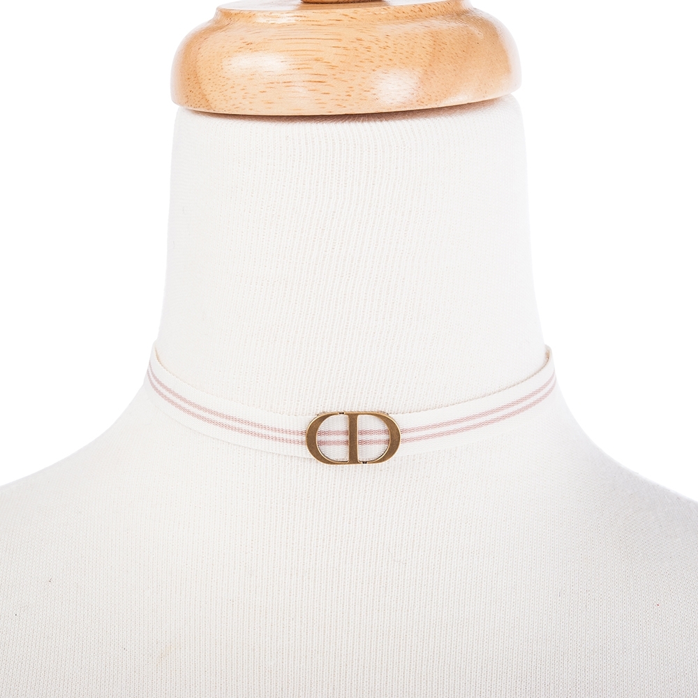 DIOR 粉色和白色的羅緞BEACH 復古鍍金「CD」標誌頸圈