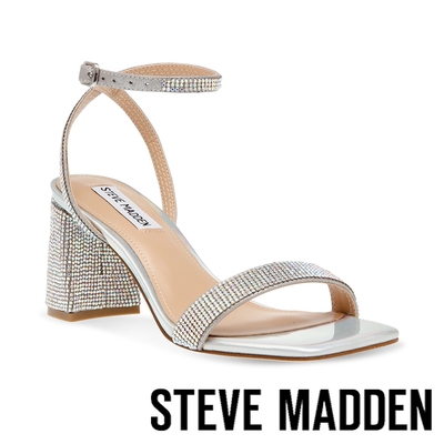 STEVE MADDEN-LUXE-R 鑽面方頭繞踝粗跟涼鞋-銀色