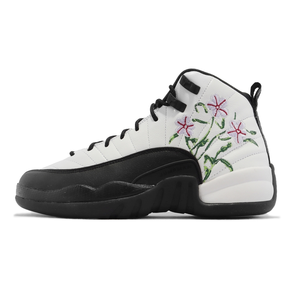 Nike Air Jordan 12 Retro GS 大童鞋女鞋白黑花緩震Floral 刺繡DR6956