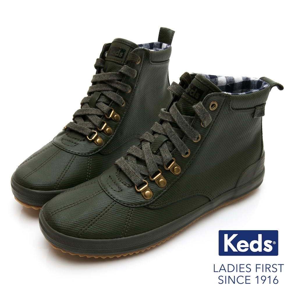 Keds SCOUT BOOT 華麗斜紋布綁帶休閒防潑水靴-橄欖綠
