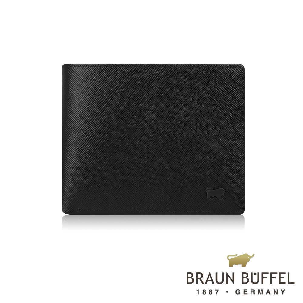 【BRAUN BUFFEL 德國小金牛】台灣總代理 洛菲諾P 8卡中間翻零錢袋短夾-黑咖色/BF334-318-BD