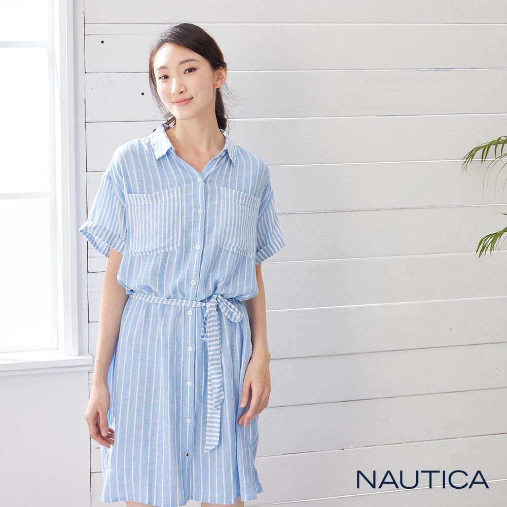 Nautica 女裝 條紋綁帶長版短袖洋裝-藍色