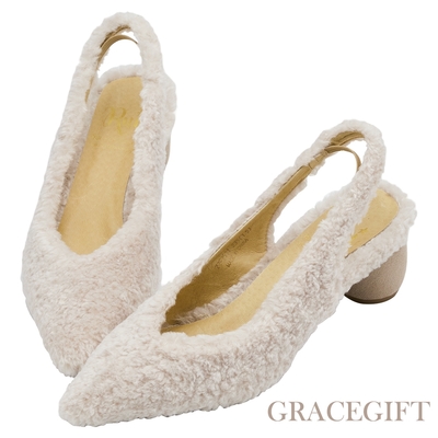 【Grace Gift】小貓聯名-浪漫焦點尖頭毛毛跟鞋 米白