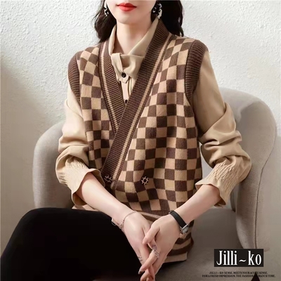 JILLI-KO 棋盤格V領不規則交錯針織馬甲背心- 咖啡