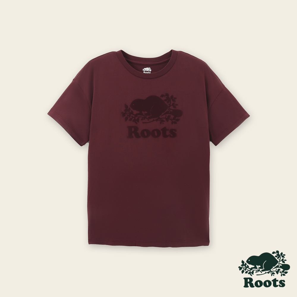 Roots女裝-絕對經典系列 海狸LOGO有機棉寬版短袖T恤-酒紅色